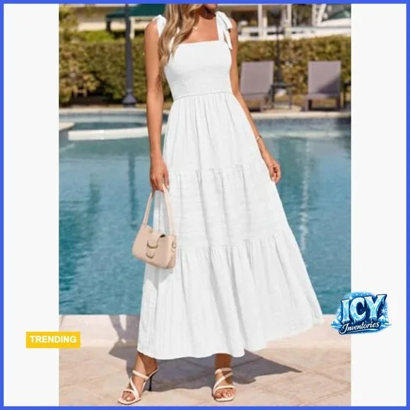 Cotton Boho Maxi Dress Spaghetti Strap Smocked A-Line Sundress - Picture 4 of 7